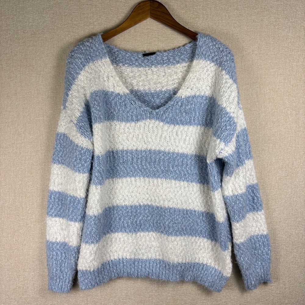 Blue & White Striped Fuzzy Knit V-Neck Pullover Sweater Slouchy Fit Size Large?